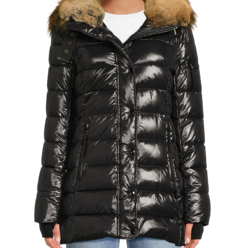 NWOT S13 Chelsea Women's Black Shiny Puffer Jacket with Faux Fur Trim - Picture 2 of 16